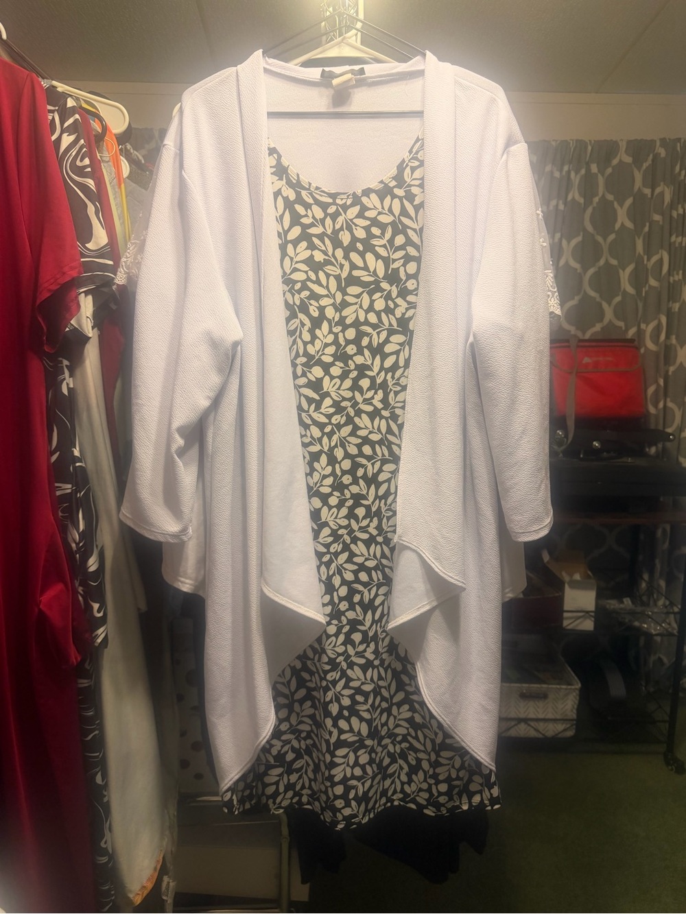 Ashley Blue Black and Cream Leaf-Print Midi Dress with White Open Cardigan